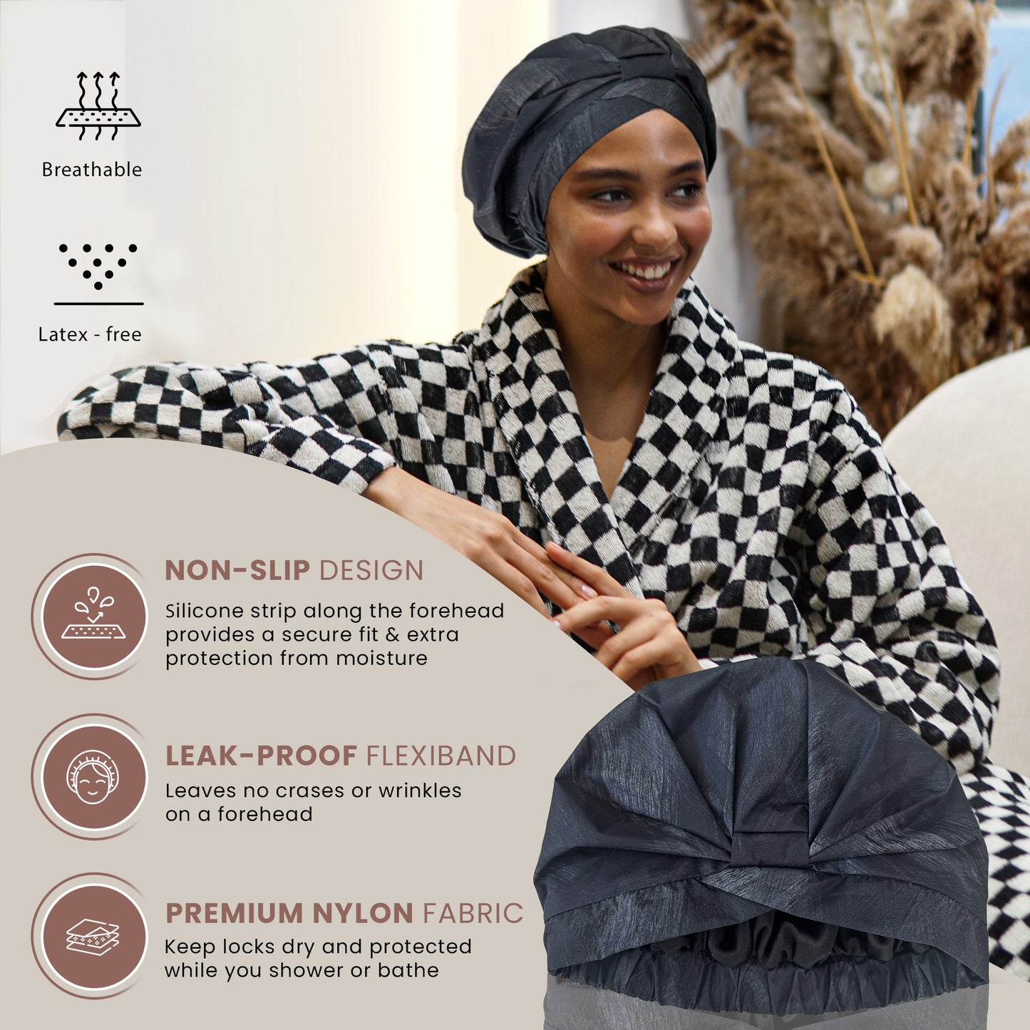 Satin-Lined Shower Cap- Coal